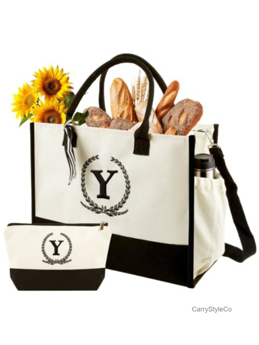 Cotton Canvas Embroidered Tote with Makeup Pouch & PE Base Insert